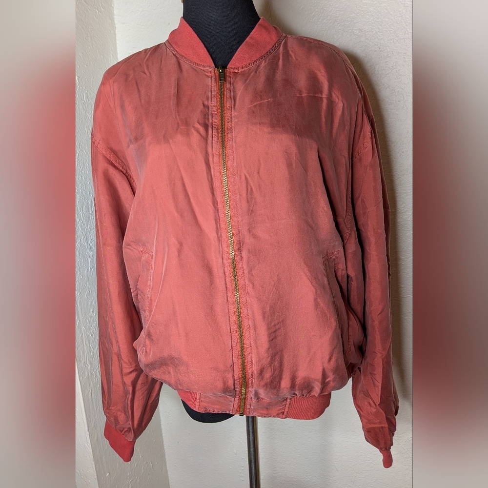 Vtg Summa 100% Silk Burnt Orange Bomber Full Zip Pockets Jacket Men's Size M